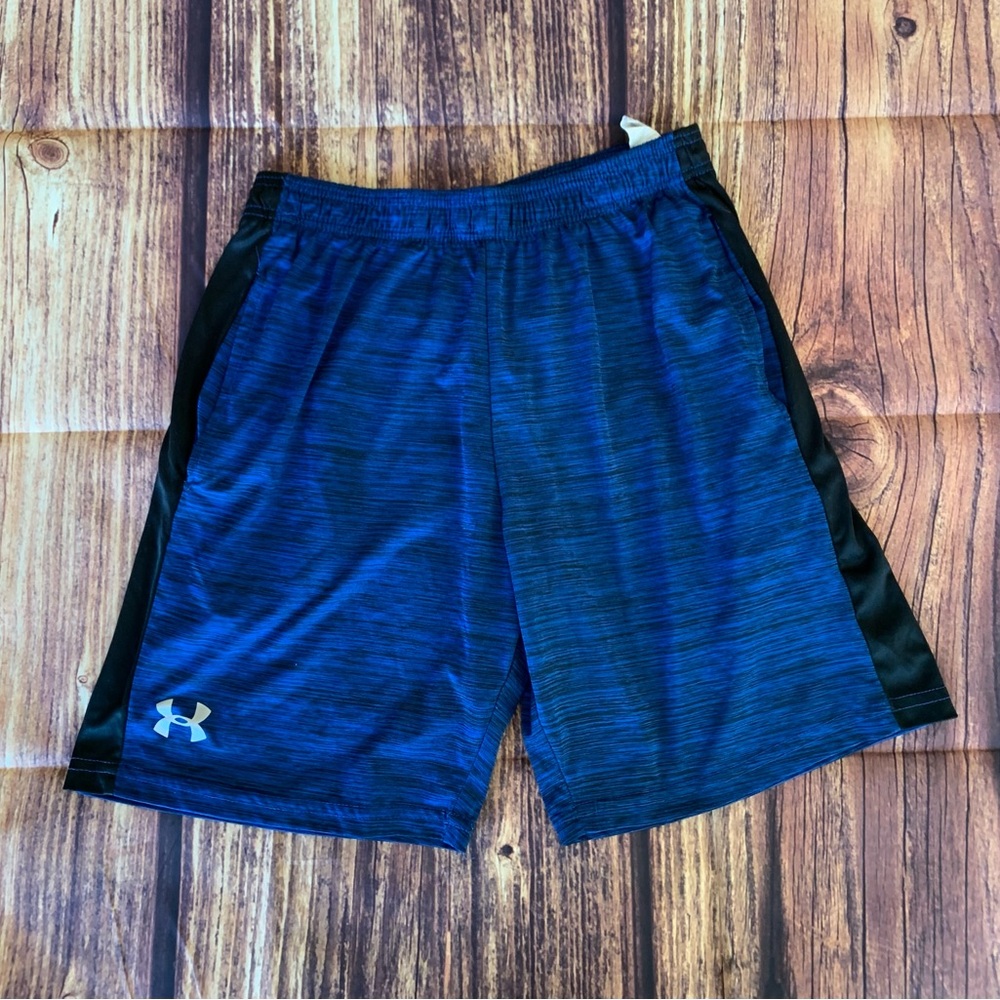 Under Armour Boy's Elastic Waist Side Pockets Black & Blue Athletic Shorts Sz: L